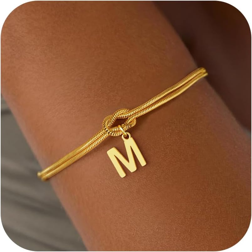 Stocking Stuffers for Teen Girls - 18K Gold Plated Love Knot Initial Bracelets for Women Friends Bridesmaid Gifts Dainty Gold Bracelets Birthday Christmas Gifts for Teens Women