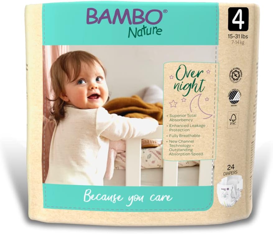 Bambo Nature Overnight Baby Diapers (Size 3 to 6), Size 4, 24 Count