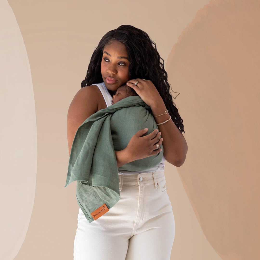WildBird Ring Sling Baby Carrier for New Moms & Dads & Caregivers - Made from 100% European Linen - for Newborns to Toddlers Up to 35 lbs - Long 90" Size (Acadian Fabric/Gold Ring)