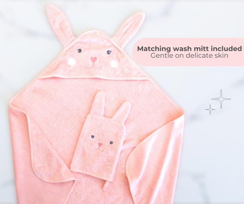 Hooded Baby Towel with Mitt - Ultra Soft Plush Bath Essential for Newborn, Infant & Toddler - Premium 30x30 Inch Large Absorbent Baby Bath Towels with Hood for Boys & Girls (Cute Bunny)