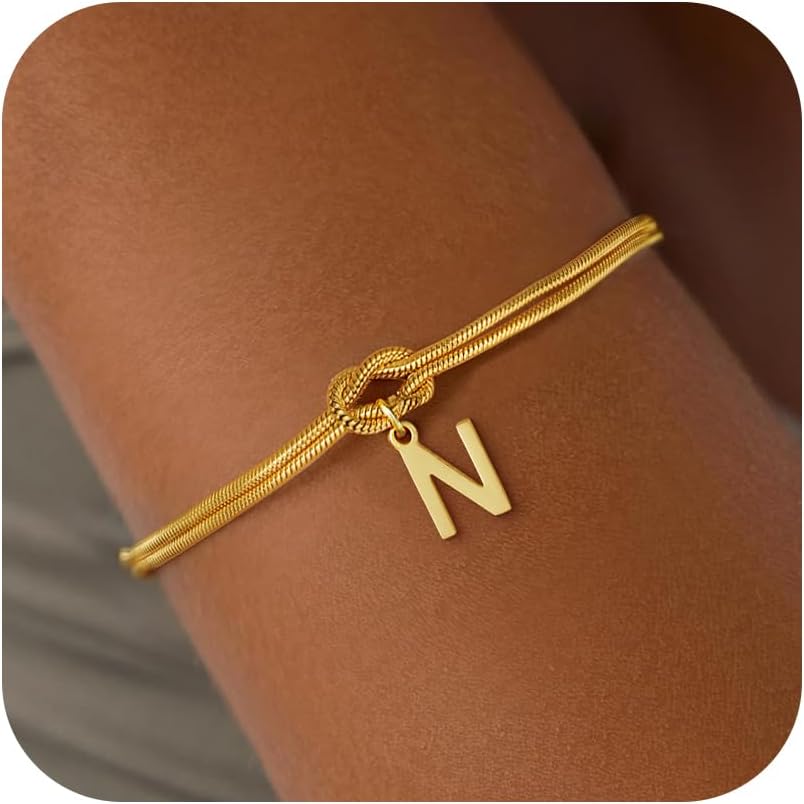 Stocking Stuffers for Teen Girls - 18K Gold Plated Love Knot Initial Bracelets for Women Friends Bridesmaid Gifts Dainty Gold Bracelets Birthday Christmas Gifts for Teens Women