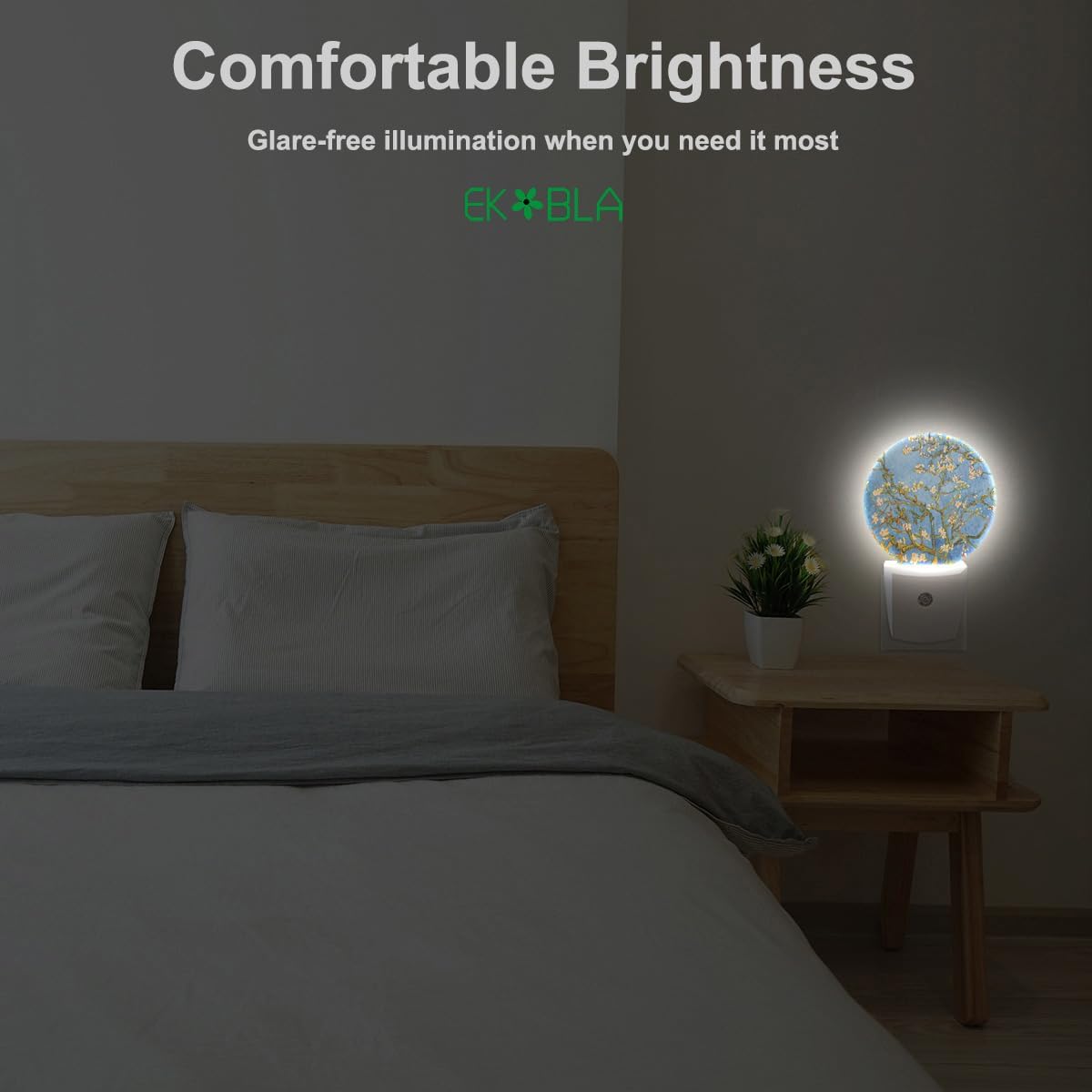 EKOBLA Almond Tree Blooming Night Light - Van Gogh Floral Painting LED Plug-in Nightlights with Dusk to Dawn Sensor, 0.5W Sleep-Friendly Lighting for Bedroom & Living Room (White & Blue)