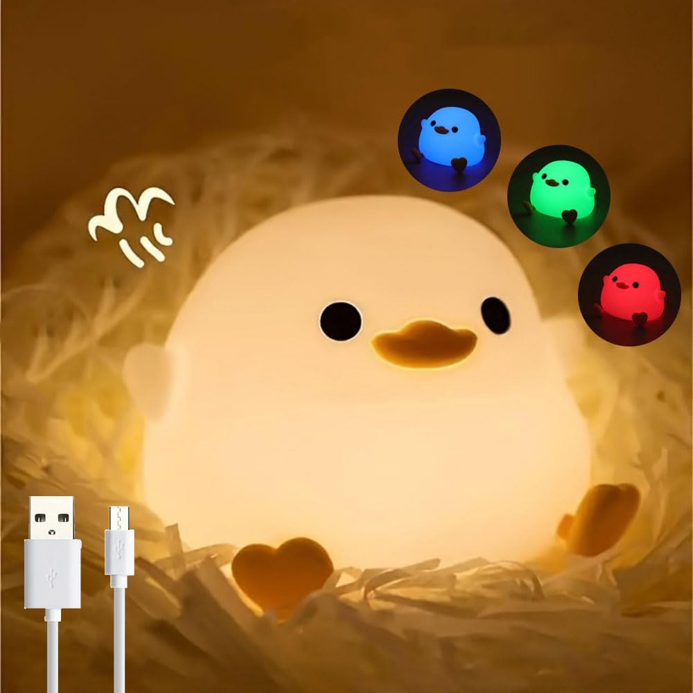 DoDo Duck Night Light, LED Cute Silicone Dimmable Nursery Lamp, Rechargeable USB-C Bedside Touch Sensor Lamp, RGB & Warm White Light for Kids, Bedrooms, Dorm Decor, and Gift Ideas(Charging)