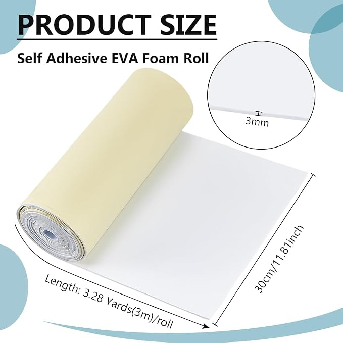 BENECREAT 118x11.8 Inch White Self Adhesive EVA Foam Roll, 3mm Thick Adhesive