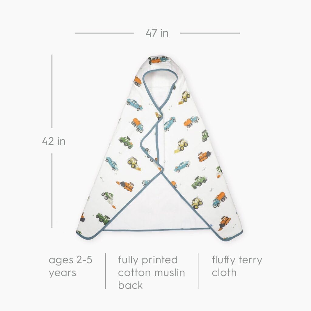 Little Unicorn Premium Hooded Bath Towel| Absorbent Cotton & Terry Blend | Larger Size, 1-6 Years (Work Trucks)
