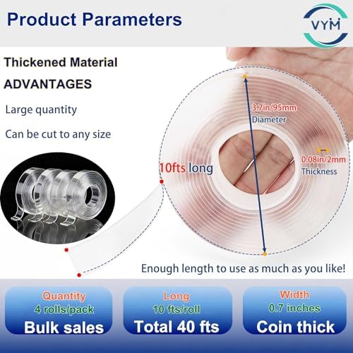 4Rolls Thicker 2mm, Nano Double Sided Mountinging Heavy Duty Tape, 2 Sides