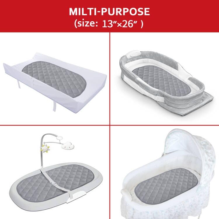 Diaper Changing Pad Liner Non-Slip, Waterproof Terry Mat Changing Pad Cover Liner, Quilted Absorbent Bassinet Liners Washable, 3 Pack 13"x 26" Reusable Portable Changing Table Pad Grey