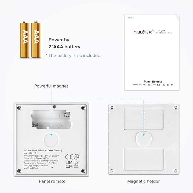 BTF-LIGHTING Wireless 2.4G RF 4 Zone Single Color Wall Mounted Smart Panel Remote Powered by 2XAAA Batteries 3V Work with WB5 LM052 LM053 C01RF C02RF C01W C02W etc PWM Controller