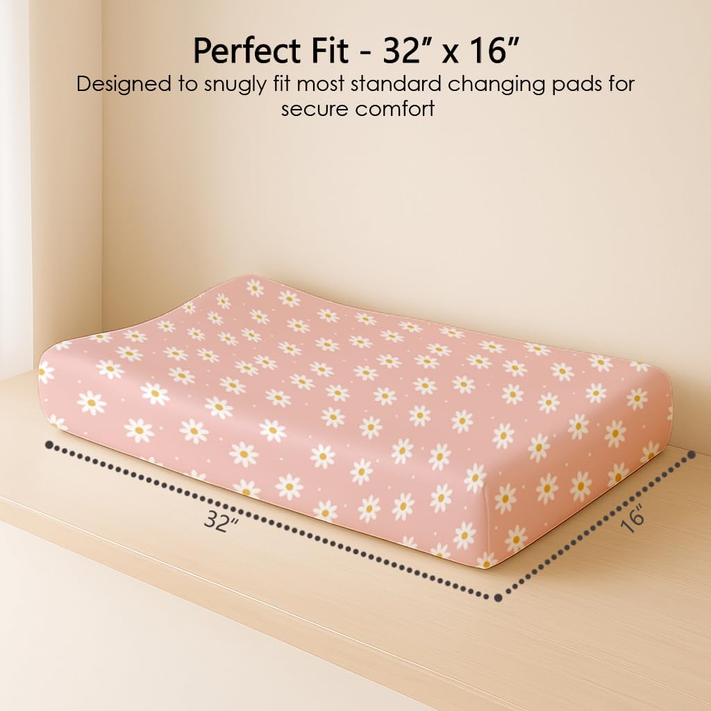 Changing Pad Cover for Baby Boys Girls 2 Pack, Fits Standard 32”×16” Changing Table Pads, Silky Breathable Stretch Knit, Machine Washable (Daisy Check)