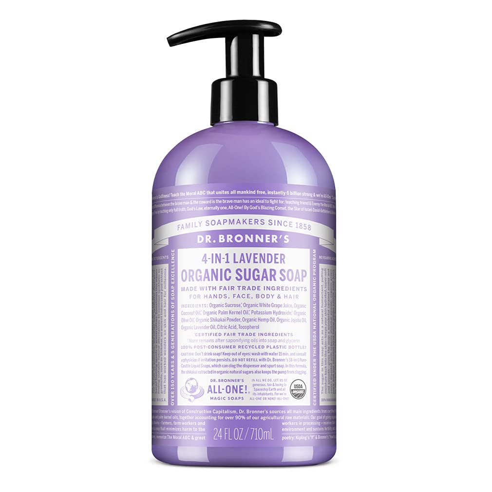 Dr. Bronner's - Organic Sugar Soap (Lavender, 24 Ounce) - Made with Organic Oils, Sugar and Shikakai Powder, 4-in-1 Uses: Hands, Body, Face and Hair, Cleanses, Moisturizes and Nourishes, Vegan