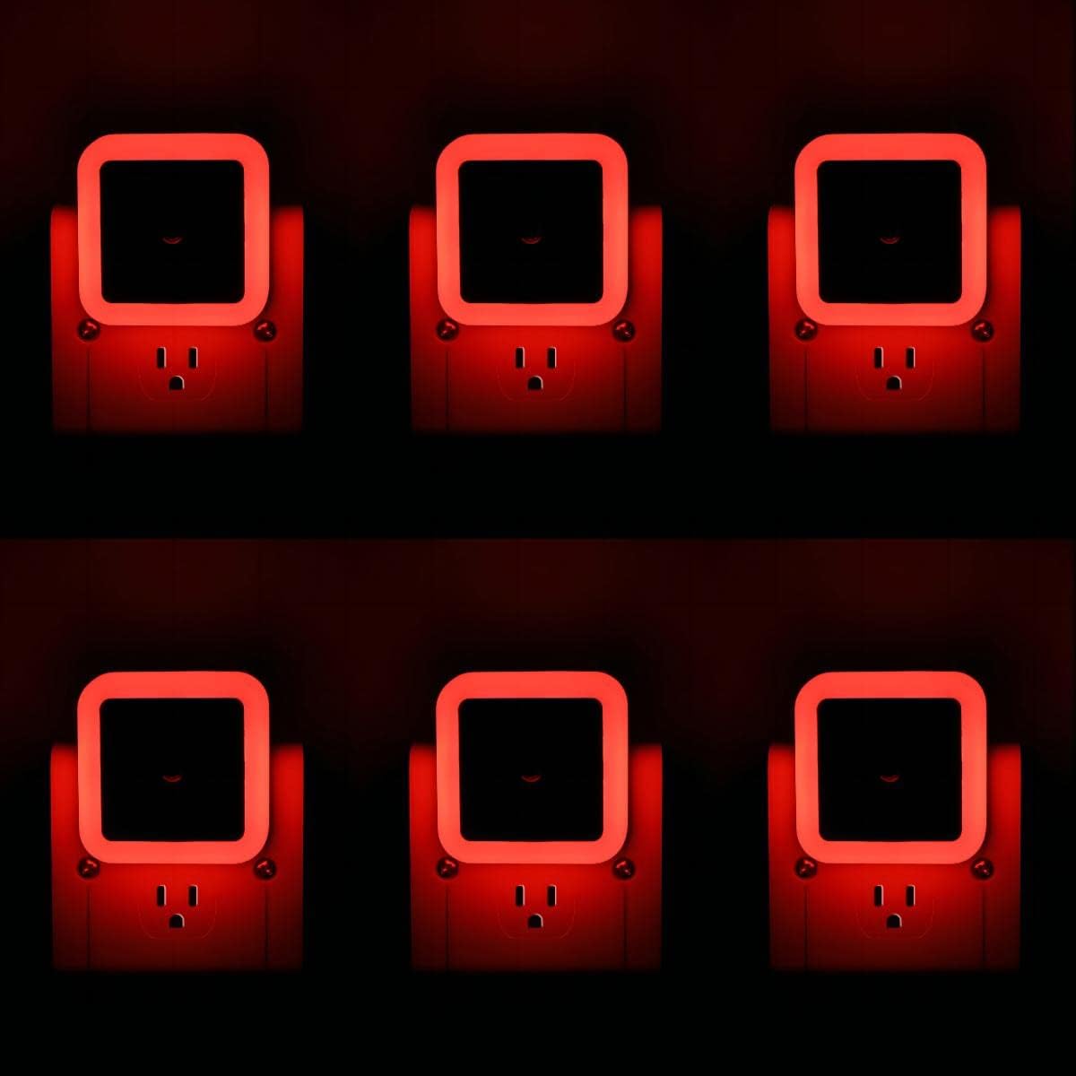 KINUR 6 Pack Red Night Light, LED Night Lights Plug into Wall with Dusk to Dawn sensors, Plug in Night Lights for Kids Room, Bedroom, Bathroom, Baby Nursery,Stair Lights, Hallway Light, Daylight