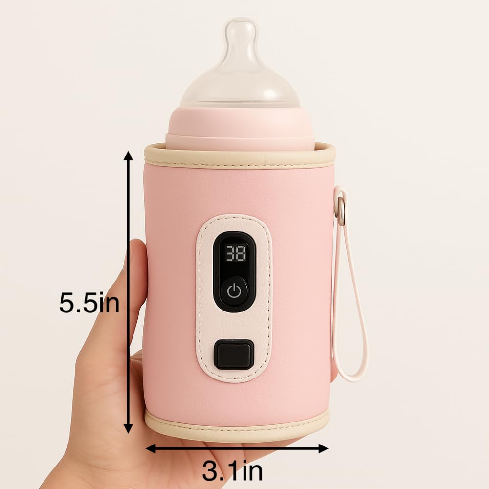 Travel Baby Bottle Warmer with USB for Girls – Digital Display, Adjustable Heating, Insulated Portable Sleeve for Warming Milk, Formula & More – Great for Car Trips, Strollers & On-The-Go Feeding