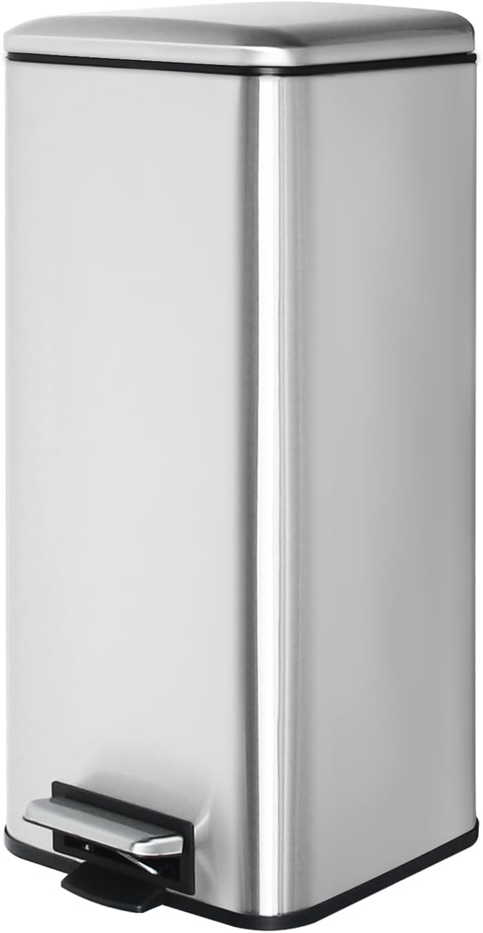 8 Gallon SquareTrash Can with Soft Close Lid, Stainless Steel Trash Can with Removal Inner Bucket, Hand -Free Trash Bin for Kitchen, Office, Laundry, Bathroom, 30 Liter Capacity, Silver