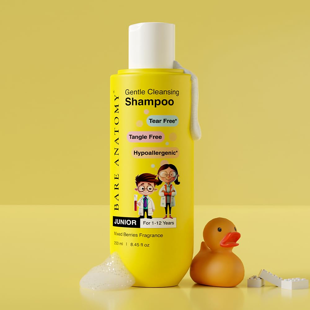 Bare Anatomy Junior Gentle Cleansing Shampoo For Kids from 5-12 Years | Tear-Free & Hypoallergenic pH 5.5 | Coconut Milk Protein, Almond Oil, Vitamin E & Strawberry | SLS & Paraben Free 8.8 Floz