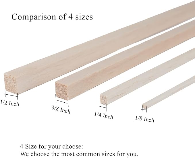 60 Pack Square Wood Dowel Rods 1/4x1/4x12 Inch Balsa Wood Sticks Natural Wood