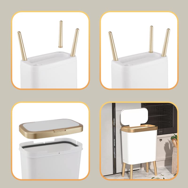 Procade Bathroom Trash Can with Lid, Plastic Garbage Can with Legs, 4 Gallon Gold Trash Bin with Push Button, Narrow White Trash Can Waste Basket for Bedroom, Living Room,Office，Dog Proof Trash Bin