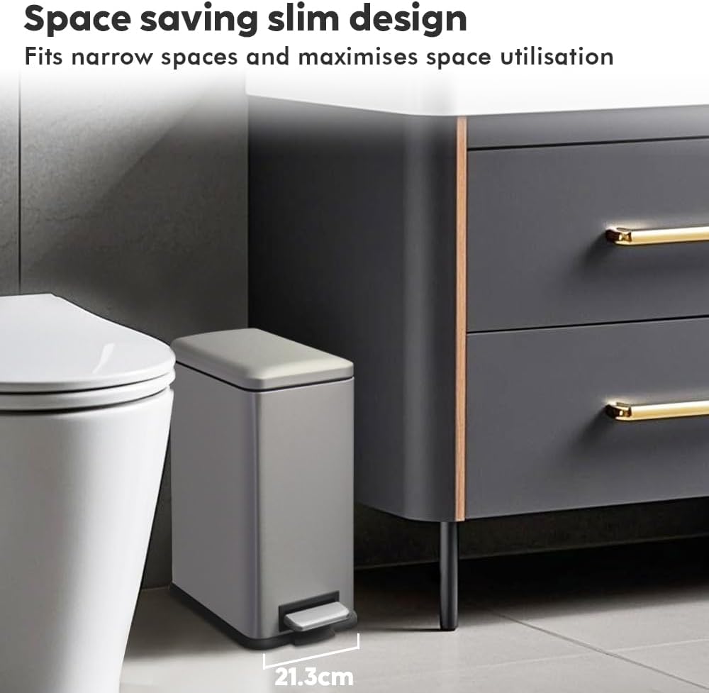 Bathroom Bin 17L, Kitchen Bins Small Trash Can with Soft Close Lid,Slim Pedal Bin with Removable Inner Bucket for Home,Bathroom,Kitchen,Bedroom,and Office.Grey