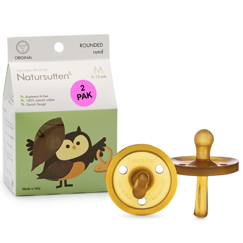 Natursutten Pacifiers 6-12 Months - 2-Pack Original Shield Round Nipple Natural Rubber Safe & Soft BPA-Free Pacifier for Breastfeeding Babies - Newborn Pacifiers Made in Italy