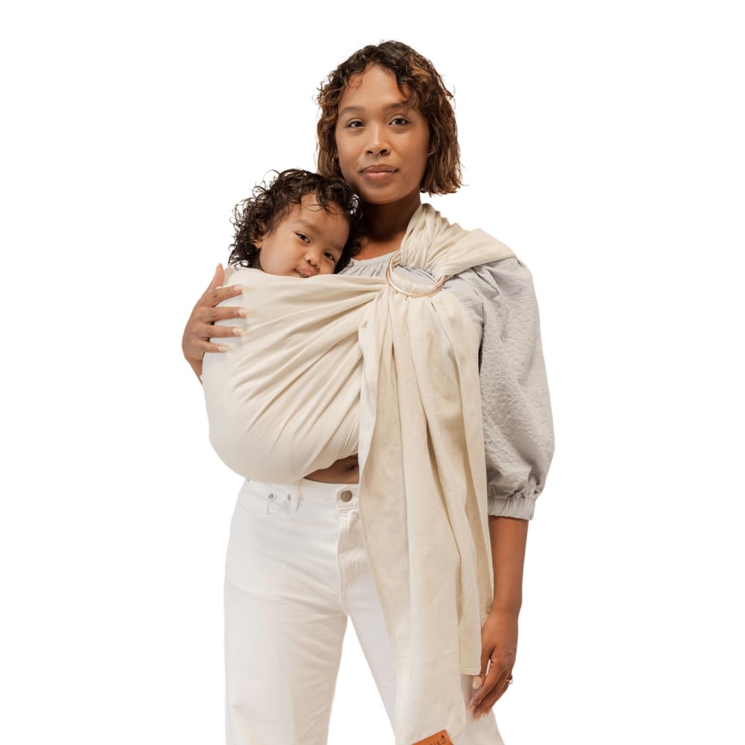 WildBird - Ring Sling Baby Carrier - Newborn to Up to 35 lbs - for Moms, Dads & Caregivers - 100% Natural European Linen Fibers - Versatile & Adjustable - 74” Size - Sparrow Fabric & Black Ring
