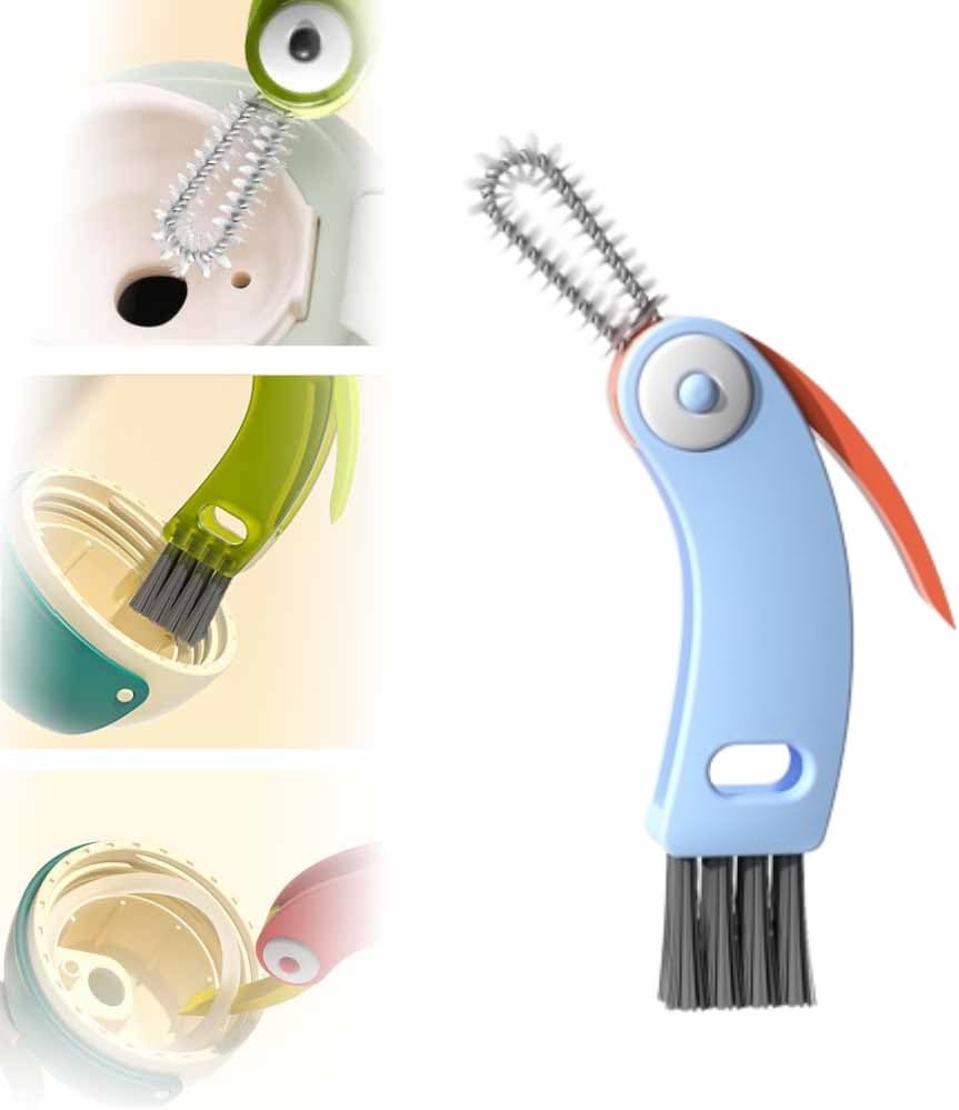 4 in 1 Cup Lid Cleaning Brush Set for Baby Bottle Gap, Tight Spaces - Multifunctional Portable Cleaner for Crevices (Blue)