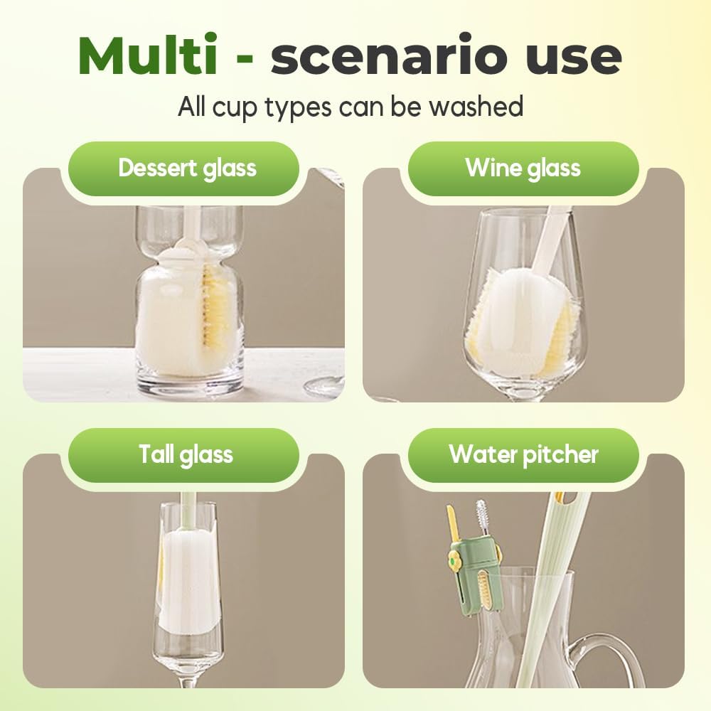 5 in 1 Bottle Cleaning Brush Set, 2025 Multifunctional Lid Brush Cleaning Tool Kitchen, Portable Long Handle Bottles Scrubber for Cup Lids, Hard Bristle Sponge Head Bottle Brushes (Green and White)