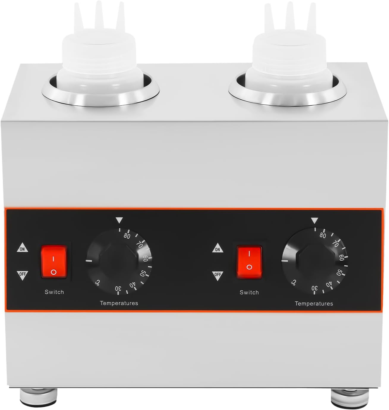 Electric Dual Bottle Sauce Warmer, 320W 110V Cheese & Chocolate Melter with Adjustable Temp 86-185°F, Stainless Steel Commercial Topping Warmer for Nacho, Caramel, Fudge with Two 650ml PC Bottles