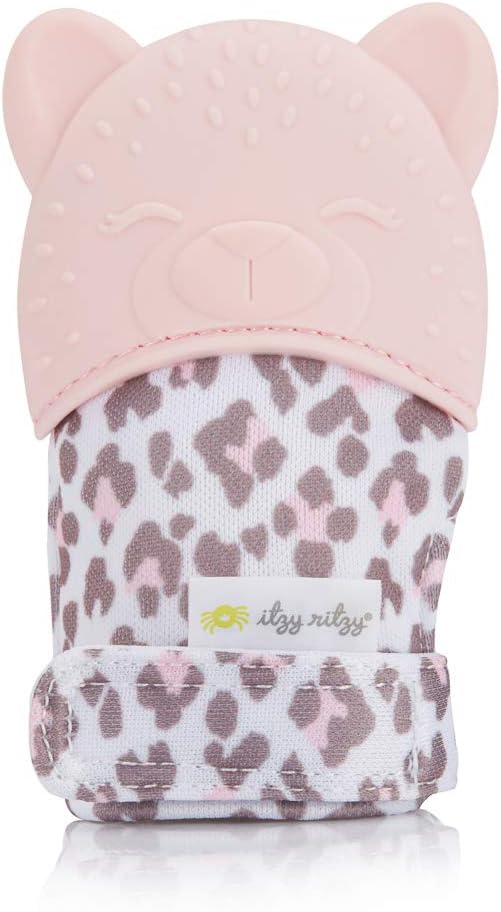 Itzy Ritzy Silicone Teething Mitt - Soothing Infant Teething Mitten with Adjustable Strap, Crinkle Sound & Textured Silicone to Soothe Sore & Swollen Gums - for Ages 3 Months & Up (Blush Leopard)