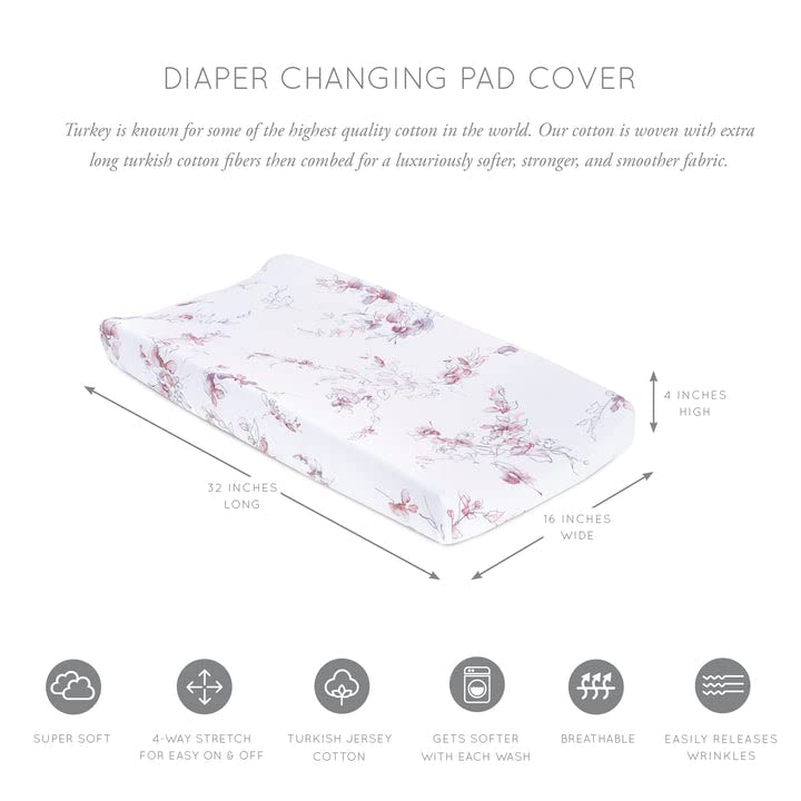 Oilo Changing Pad Cover, Breathable 100% Turkish Cotton Fitted Jersey, 300 Thread Count, Machine Washable, Fits Standard Changing Pads (32" x 16"), Girl, Boy, & Neutral Nursery Design, Bella Floral