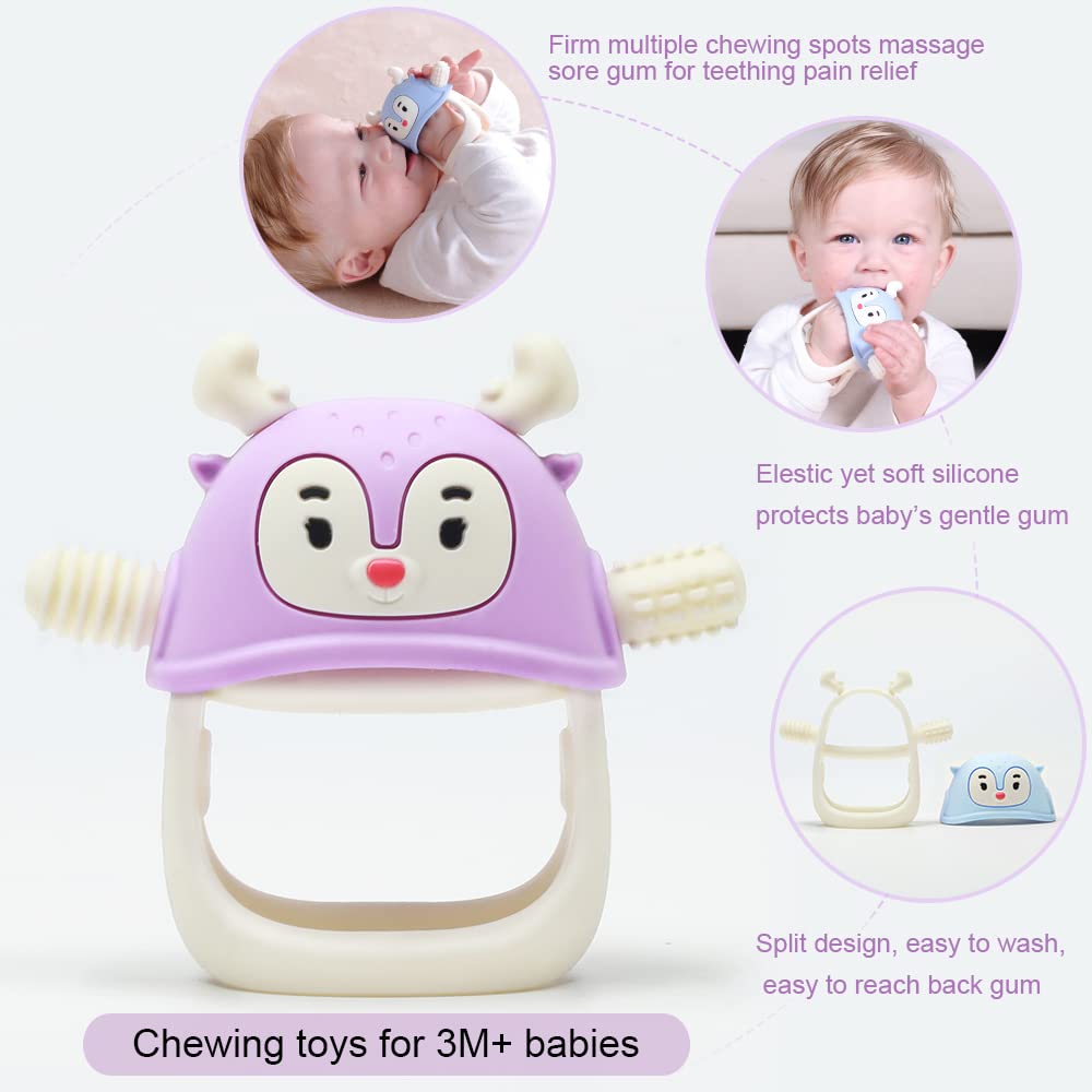 Smily Mia Never Drop Reindeer Silicone Baby Chewing Toy for 3M+ Infants, Easy to Hold Teething Miteen with Soft Textures for Sensory Exploration and Teething Pain Relief-Purple