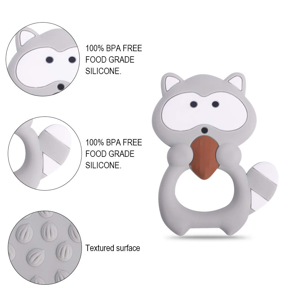 Baby Silicone Teether,Sensory Chew Toys,BPA Free Soft and Effective Infant Teething Pain Relief Toys,Freezer Safe,Food Grade Silicone,Best Shower Gift for Boys and Girls (Raccoon)