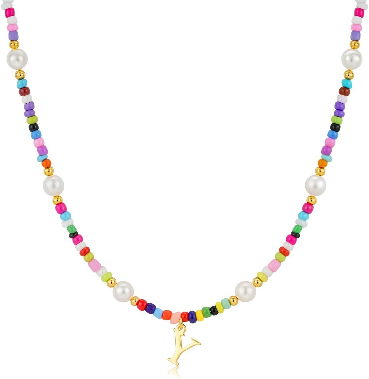 M MOOHAM Colorful Initial Necklaces for Girls Women Kids - Christmas Stocking Stuffers Beaded Pearl Choker Necklace for Women Teen Girl Gifts Trendy Personalized Letter Birthday Gifts Kids Jewelry