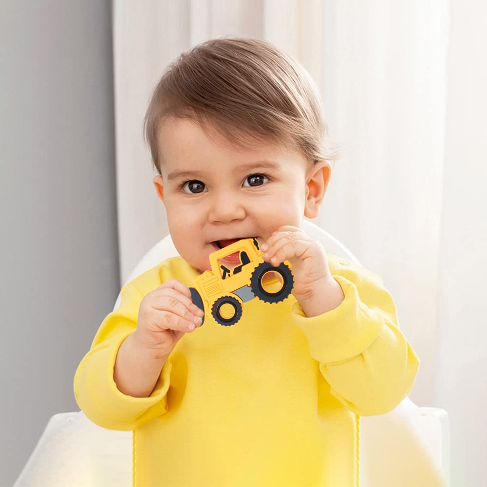 Baby Food Grade Silicone Carrier Vehicle Teether Toy with Pacifier Clip Holder,Teething Toys Gift Set for 3 Months+ Boys and Girls,Freezer Safe,BPA Free. (Bulldozer)