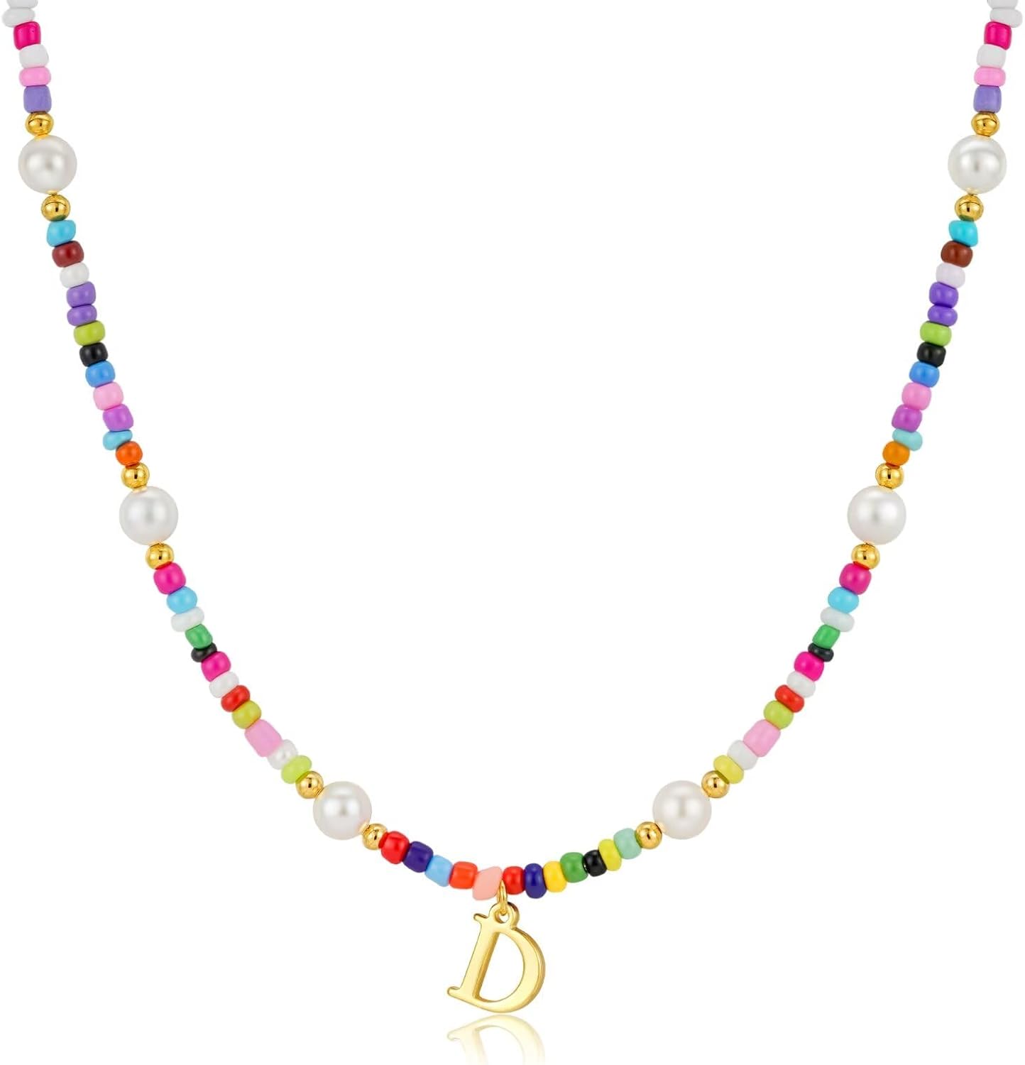M MOOHAM Colorful Initial Necklaces for Girls Women Kids - Christmas Stocking Stuffers Beaded Pearl Choker Necklace for Women Teen Girl Gifts Trendy Personalized Letter Birthday Gifts Kids Jewelry