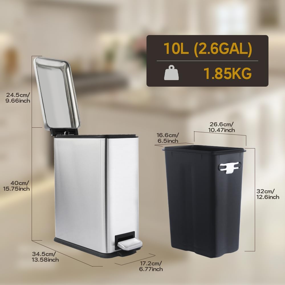 Bathroom Trash Can, 2.6 Gallon Trash Can with lid, Stainless Steel Garbage Can with Removable Liner Bucket, Pedal Rectangle Trash Bin for Bathroom, Office, Kitchen, Bedroom, 10 Liter