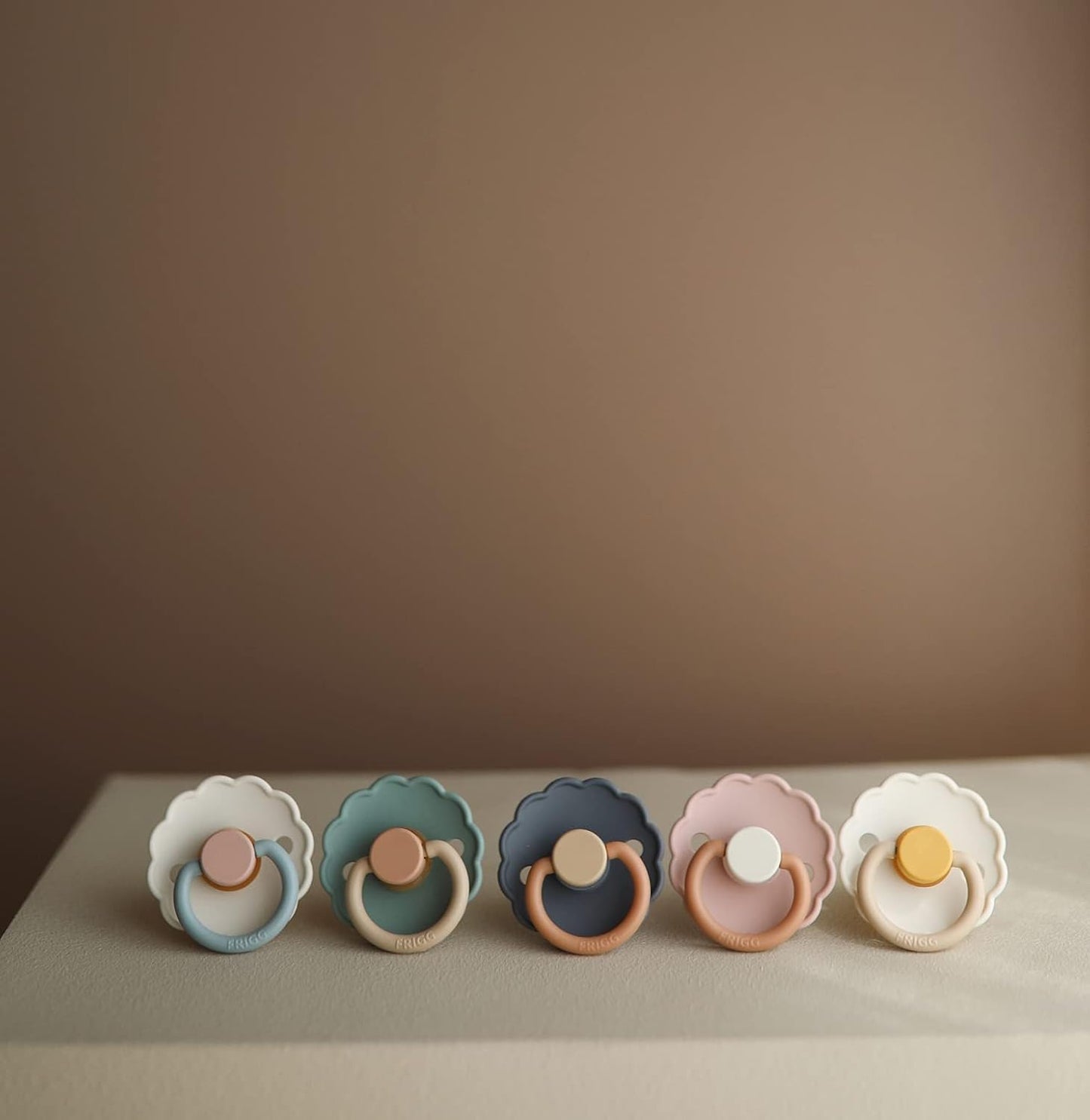 FRIGG Daisy Natural Rubber Baby Pacifier | Made in Denmark | BPA-Free (Chamomile/Peach Bronze, 6-18 Months) 2-Pack