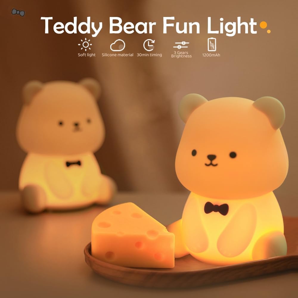 S NMT Silicone Teddy Bear Night Light for Kids Room, Rechargeable 7 Colors Changeable 3 Level Brightness Timing Sleeping Lamp Kawaii Nursery Night Lights for Kids Room Gift Decor