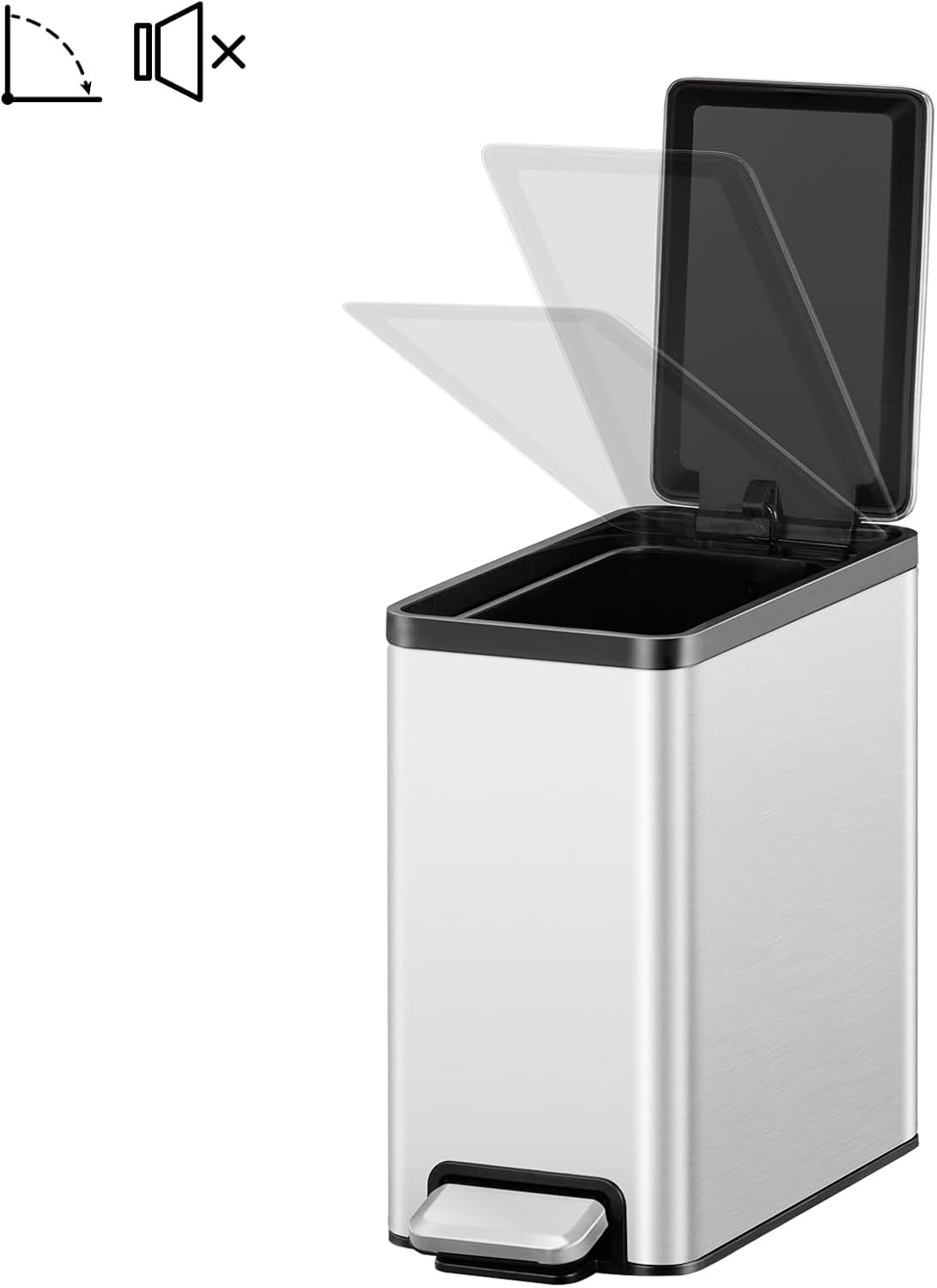 EKO Slim Small Bathroom Trash Can with Lid, Stainless Steel Small Garbage Can with Removable Inner Bucket, 6L / 1.6 Gal, Step On Trash Bin