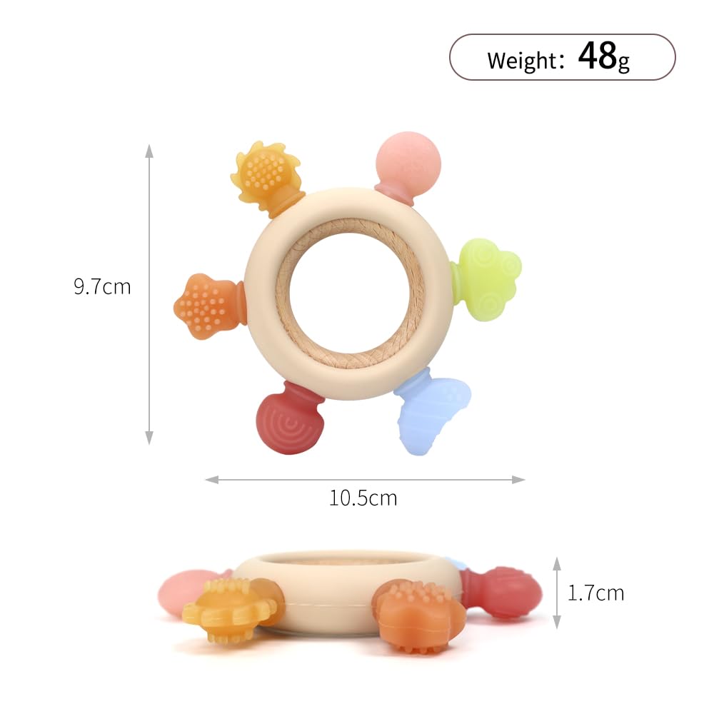 3Pcs Baby Silicone Teether Toy Set - Food-Grade Silicone Teething Relief Toys,Wooden Ring Teether Cute Bear Toy and Toy Straps for Babies 3-12 Months (Bright Beige)