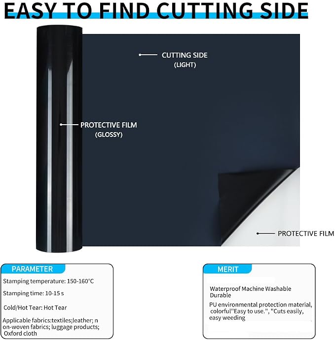 guangyintong Heat Transfer Vinyl Black HTV Rolls, Glossy Surface HTV Vinyl