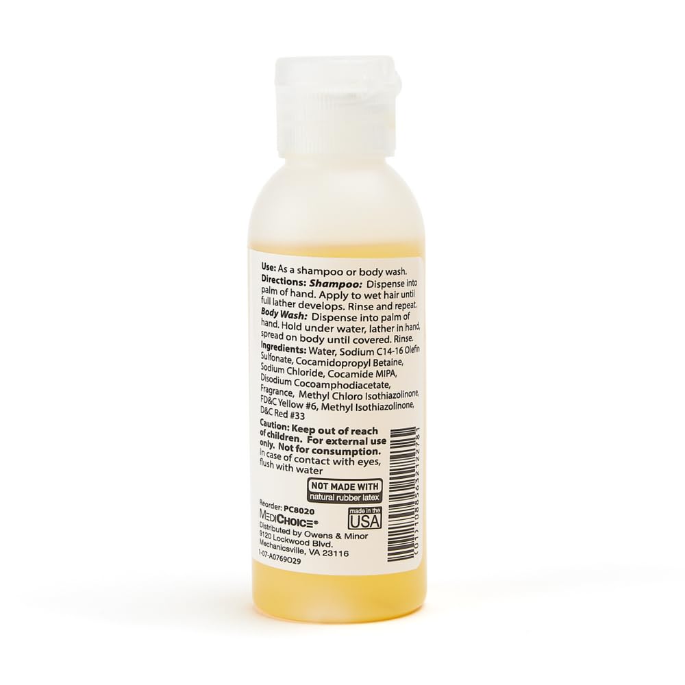 MediChoice Shampoo and Body Wash Bath Gel in One - Mild Scent, Non-Irritating, Flip-Top Cap - Bulk Travel Size for Hotels Travelers Hospitals 2oz. PC8020 Case 144