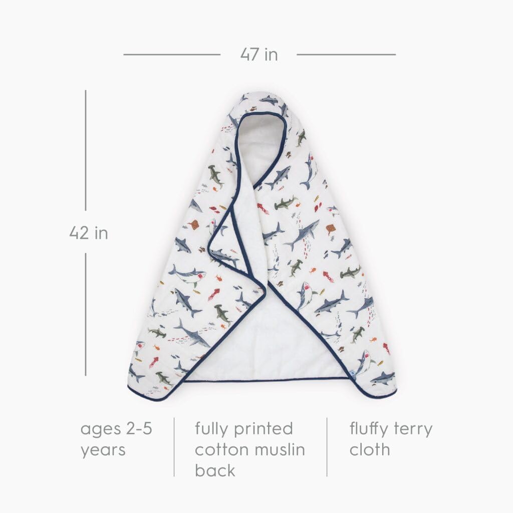 Little Unicorn Premium Hooded Bath Towel| Absorbent Cotton & Terry Blend | Larger Size, 1-6 Years (Shark)