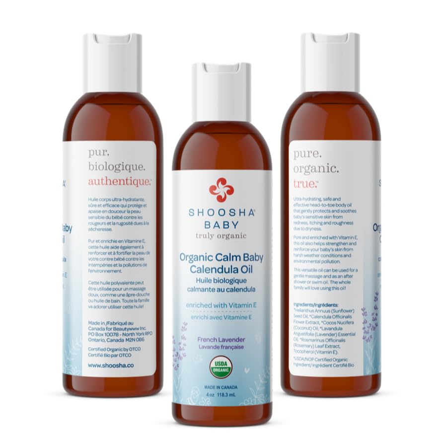 Shoosha Organic Calendula Oil French Lavender, for Babies, Real Calendula Oil, Calendula Massage Oil Moisturizer, Hypoallergenic, Gluten-Free, 100% Biodegradable