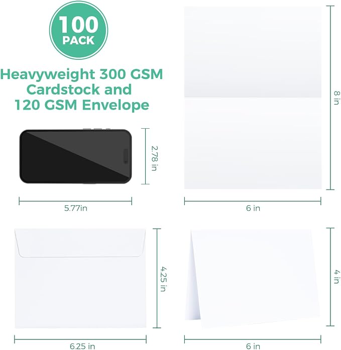 Ohuhu 4x6 Blank White Cards and Self-Seal Envelopes 100 Pack