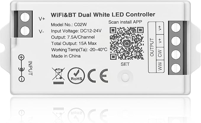 BTF-LIGHTING C02W CCT PWM (+ CW WW) 3PIN Color Temperature LED Strip Dual White 2.4GHz Tuya WiFi Group Controller Alexa Google Home Compatible with WR02RF RC02RFB Remote