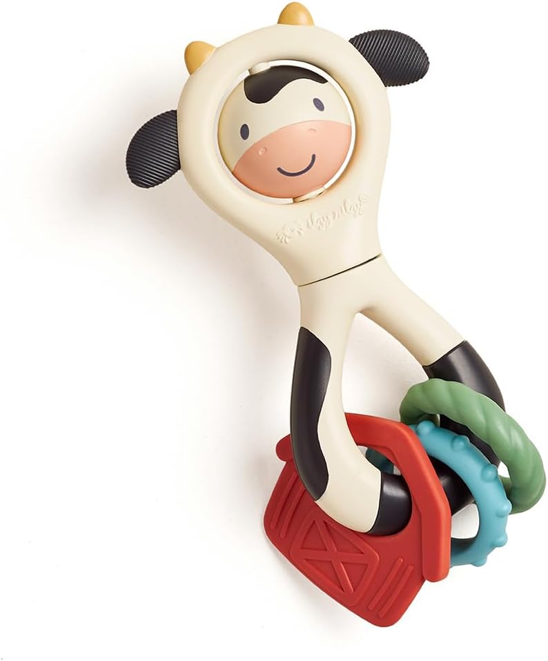 Itzy Ritzy Spinner Rattle Toy – Cow Design Sensory Teething Rattle Includes Spinning Face, Clicks, Rattles & Textured Teethers; Designed for Ages 3 Months and Up (Cow)