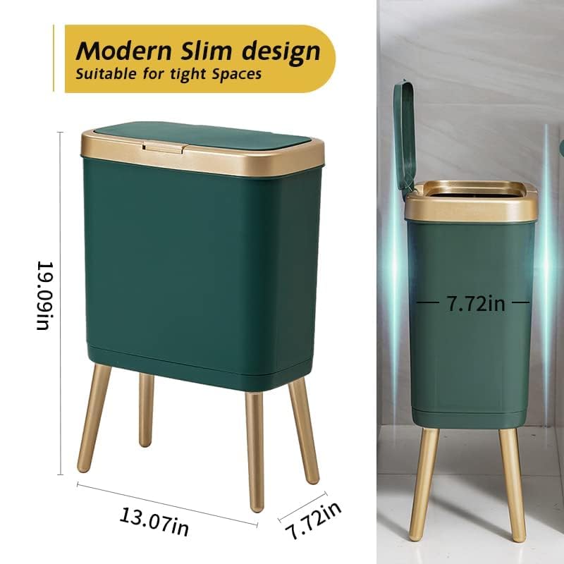 Procade Trash Can with Lid,Small Bathroom Garbage Can with Lid, Plastic Trash Can with Push Button,Narrow Waste Basket for Bedroom,Living Room, Toilet,Office,Kitchen,4 Gal-Gold Edge