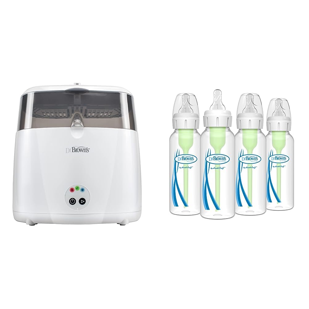 Dr. Brown’s Deluxe Electric Sterilizer for Baby Bottles and Other Baby Essentials & Natural Flow® Anti-Colic Options+™ Narrow Baby Bottles 8 oz/250 mL, with Level 1 Slow Flow Nipple, 4 Pack, 0m+