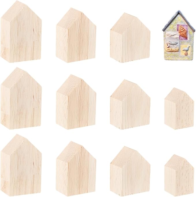 OLYCRAFT 12Pcs 4Sizes Unfinished Wood House Shaped Blocks Arrow Shape Wooden