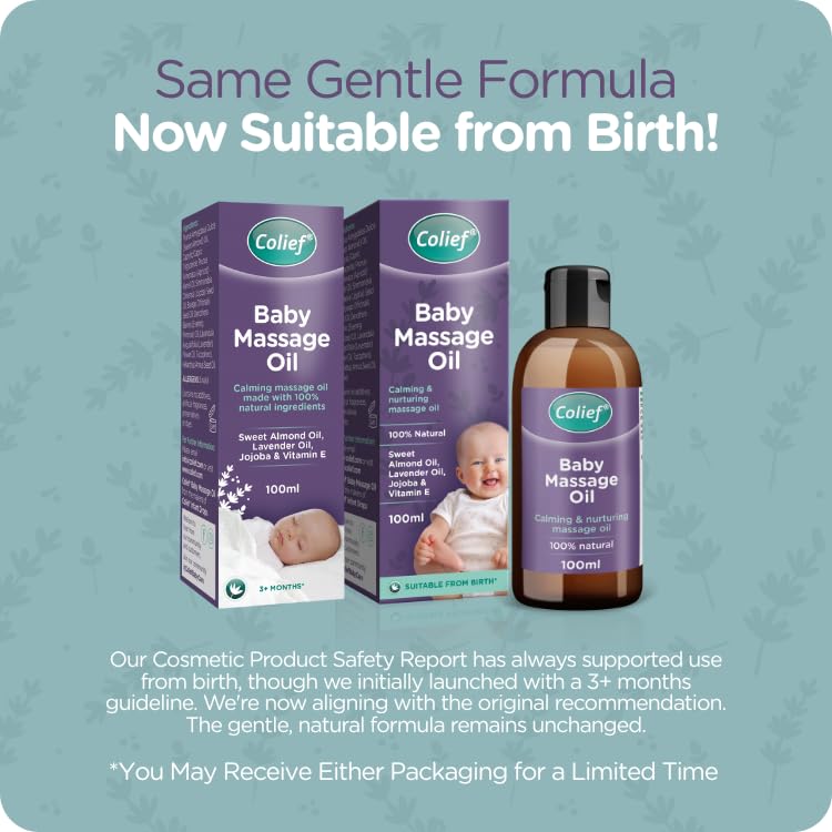 Colief Baby Massage Oil | Soothing Oil For Infants | Made With 100% Natural Ingredients Including Sweet Almond Oil, Lavender Oil, Jojoba & Vitamin E | Suitable For Babies 3+ Months | 3.38 Fl. Oz