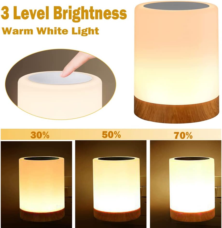 Night Light Touch Sensor Lamp Bedside Table Lamp for Kids Bedroom Rechargeable Dimmable Warm White Light and RGB Color Changing